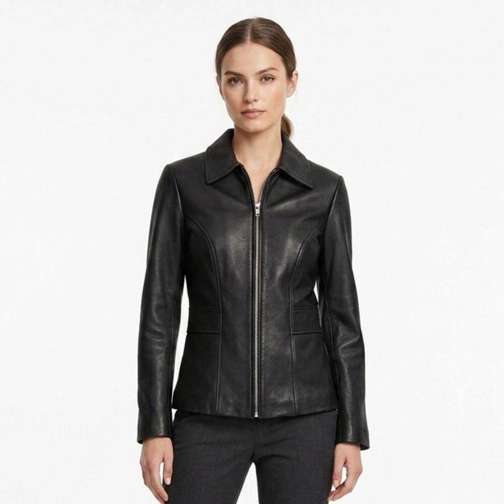 Vintage Express Black Fitted Biker Jacket Womens 18 Black Leather Full Zip Lined